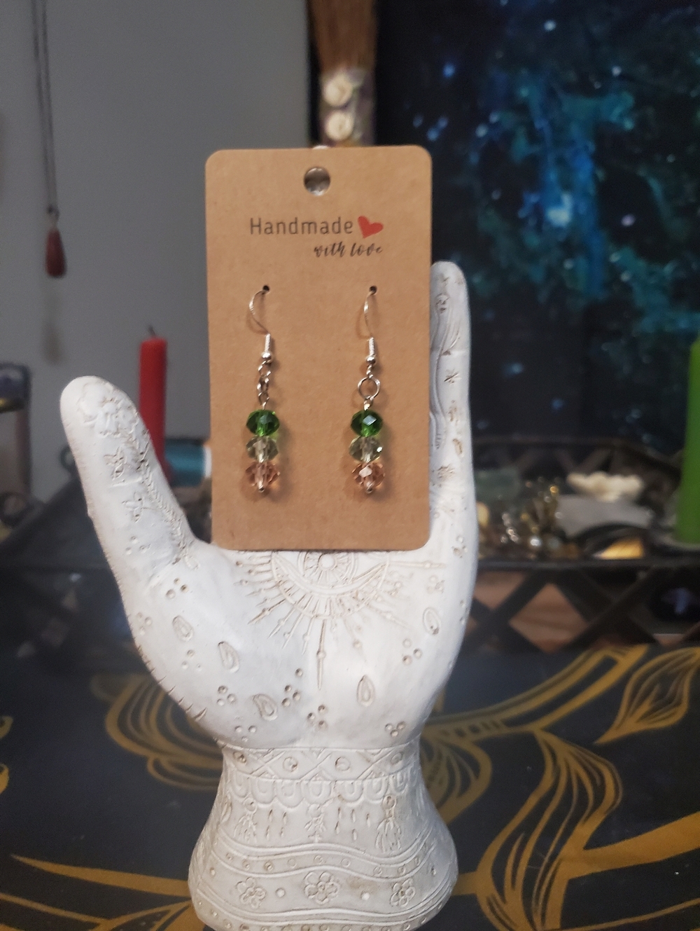 Handmade Green and Pink Crystal Drop Earrings With Sterling Silver Hooks